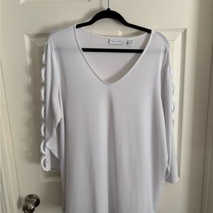 Susan Graver White V-Neck Tunic with Scallop Sleeve Accents